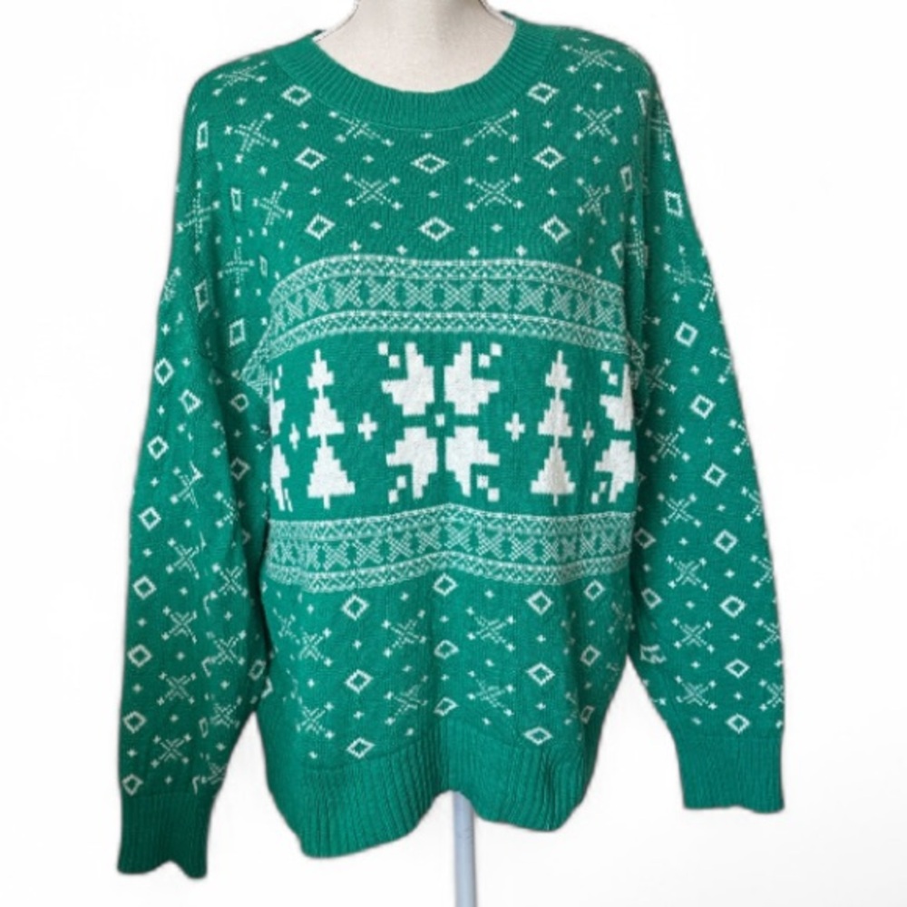 Love Riche Green White Knit Sweater Christmas Holiday Snowflakes L/S Large